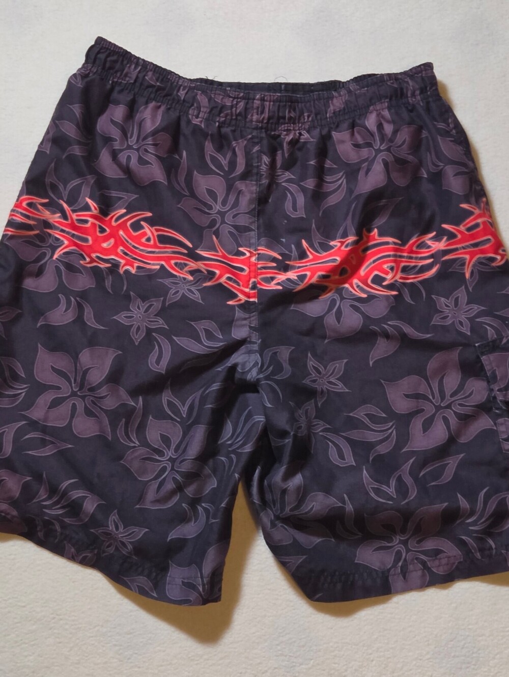 XL Men's Black Purple Floral Swim Trunks with Red Stripe Elastic Waist Cargo